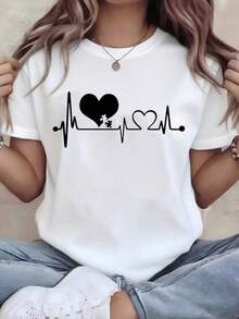 One-Piece Set, Unisex Casual Style. | Women's T-Shirt With Leopard Print And Heartbeat Design, Featuring An Aesthetic ECG Line Design, Versatile And Easy To Match, Suitable For Everyday Wear, Urban Looks, Vacation Outfits, And Casual Weekend Wear. - 白色的..... - 查看 1
