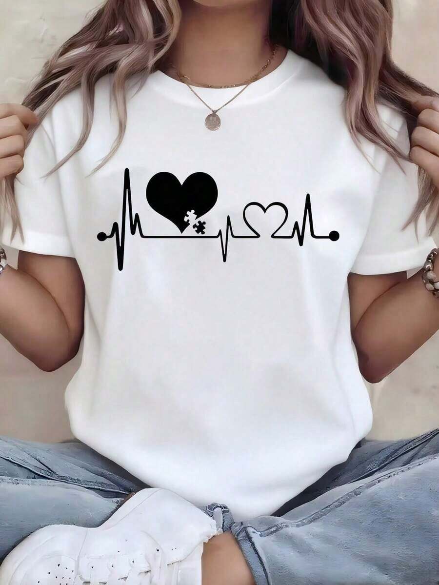 One-Piece Set, Unisex Casual Style. | Women's T-Shirt With Leopard Print And Heartbeat Design, Featuring An Aesthetic ECG Line Design, Versatile And Easy To Match, Suitable For Everyday Wear, Urban Looks, Vacation Outfits, And Casual Weekend Wear. - 白色的..... - 查看 1