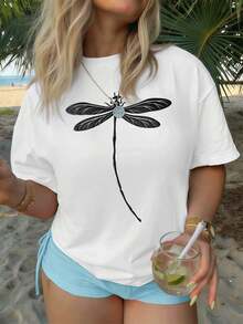 Camiseta informal de mujer con estampado de libélulas, ideal para otoño, cuello redondo, corte relajado, informal, ajuste cómodo, diseño gráfico. - Blanco - Ver 1