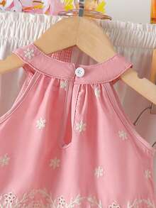 2pcs Baby Girls Cute Embroidered Hollow Design Halter Vest & Elastic Waist Shorts Set, Snowflake Embroidery Pattern, Suitable For Beach Holiday In Summer - Pink - View 5