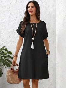 Vestido corto de mujer con cuello redondo y manga corta con estampado de líneas - Negro - Ver 4