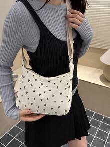 Bolso de hombro minimalista con estampado de corazones en todo el diseño - Beis - Ver 7