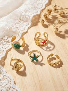 Juego de anillos esmaltados con diseño de conchas y estrellas de mar, estilo de vacaciones en la playa oceánica de verano - Multicolor - Ver 4