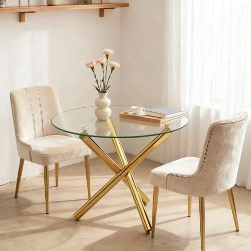 Mesa de comedor redonda con tablero de cristal templado y patas doradas, mesa de centro, mesa de comedor moderna minimalista, 80 * 80 * 76 cm - Dorado - Ver 1