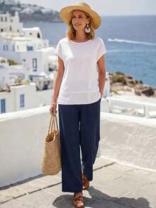Conjunto de 2 piezas de top y pantalones de unicolor casual de vacaciones para mujer - Multicolor 3 - Ver 5