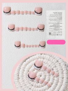 24pcs Polka Dot Lace French Manicure Nail Stickers Set, Includes 1 Nail File + Gel, Cute Ins Style False Nails Suitable For Summer Beach, Daily Commute, Date, Students & Beauty Lovers - Black and White - View 5
