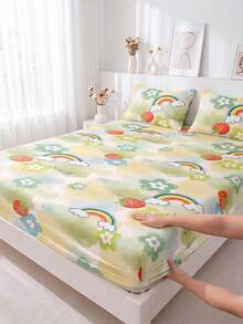 1pc Soft & Comfortable Fitted Bedsheet, Mattress Protector Cover, Skin-Friendly, All Season Use, Dust & Slip Resistant. Suitable For Twin, Full, Queen, King Size Beds. Strawberry Rainbow Pattern. Machine Washable (Excl. Pillow Case). Ideal Holiday Gift & Spring/Summer New Item. - Multicolor - View 7
