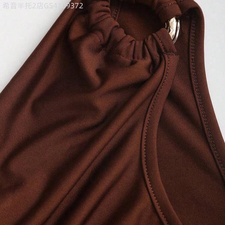 Soqi Women's Clothing  Vestido ceñido con hombros descubiertos, hebilla metálica decorativa y tirantes, estilo de verano, color marrón - Marrón - Añade 4