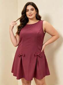 Women's Sleeveless Round Neck Mini Dress Fashionable Solid Color Plus Size Dress with Decorative Bows - Rojo - Ver 1