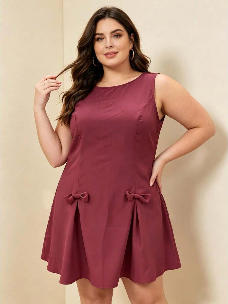Women's Sleeveless Round Neck Mini Dress Fashionable Solid Color Plus Size Dress with Decorative Bows - Rojo - Ver 1