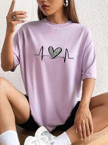 The Hottest Item Of The Summer: Pure Cotton T-Shirt, Crew Neck T-Shirt With Heart Print, Graphic Tees With Cheetah Print For Women, Stylish Pure Cotton T-Shirt. Stylish, Popular, Party T-Shirt. - 紫色 - 查看 1