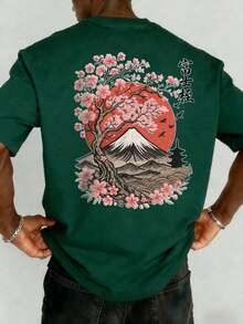 The Hottest Item Of The Summer: Men's Short-Sleeved Crew Neck T-Shirt With Embroidered Sakura And Mountain Print, Minimalist Summer Fashion. | Basic Casual Urban Style T-Shirt, Boyfriend Gift, Stylish, Popular, Party T-Shirt. - 綠色 - 查看 9