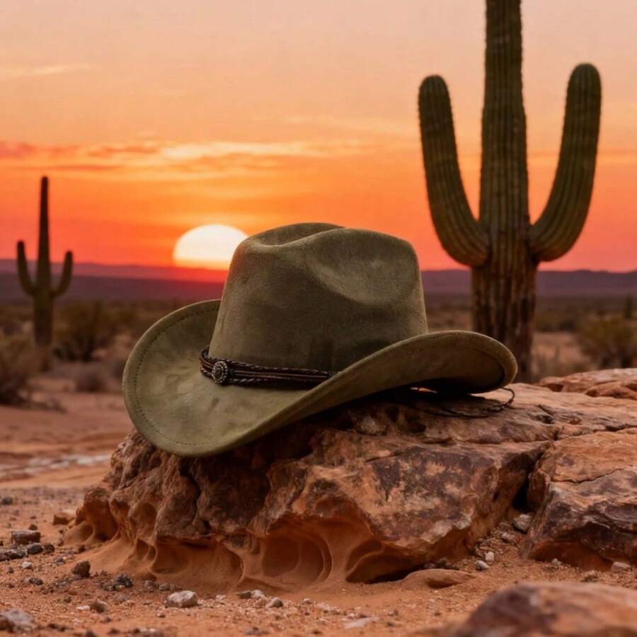 Women Men Western Cowgirl Hats Fashionable Belt Decor Rolled Up Brim Jazz Caps For Outdoor Travel - Army Green - View 1
