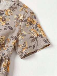 Vestido casual de mujer con estampado de plantas tropicales, cuello redondo y manga corta - Multicolor - Ver 5