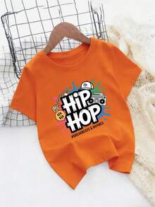 Hip-Hop Style T-Shirt For Boys And Girls, With Urban Culture Prints, Perfect For Casual Street Dance Performances - 橘色 - 查看 6