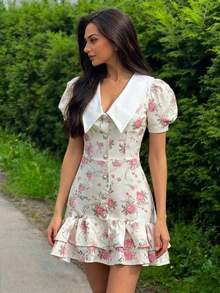 Spring/Summer Casual Style Dress With Collar, Front Buttons, Tie Back And Tie-Dye Print, For Everyday Wear, Western Style, Bohemian, Music Festivals, Vacation, Fairycore Style, Elegant For Women - 鵝黃色 - 查看 5