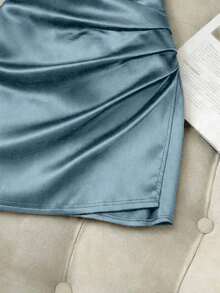 Vestido ajustado con cuello en V sin mangas, cintura plisada e irregular, vestido de satén para mujer, vestido de primavera/verano para mujer, vestido elegante de fiesta para mujer, atuendo de vacaciones para mujer, atuendo del Día de San Valentín para mujer, vestido marrón para mujer, vestido sexy para mujer, vestido sin mangas para mujer - Celeste - Ver 5