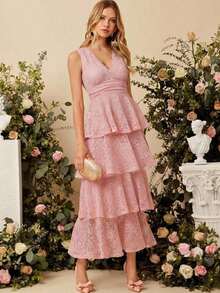 xheEllevyn Vestido de falda larga y elegante para mujer, vestido de diosa con cuello en V y cintura elástica, adecuado para banquetes y fiestas en otoño/invierno, color marrónxhe - Rosa - Ver 5