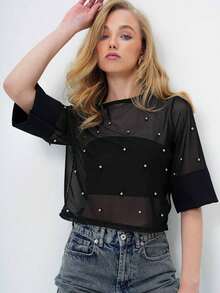 Women's Beaded Mesh Round Neck Short Sleeve Top - Black - View 1