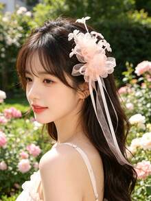 1pc Snowflake Chiffon Flower Ribbon Hair Clip, Bridal Hair Accessory - 9847 Snow Bud - View 2