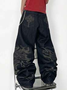 1pc Men's Retro Oversized Wide Leg Jeans, Gothic Style Graphic Print Casual Denim Pants - Black - View 2