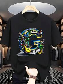 Men's Summer Fashion Short Sleeve T-Shirt With Letter Pattern Print - 黑色 - 查看 7