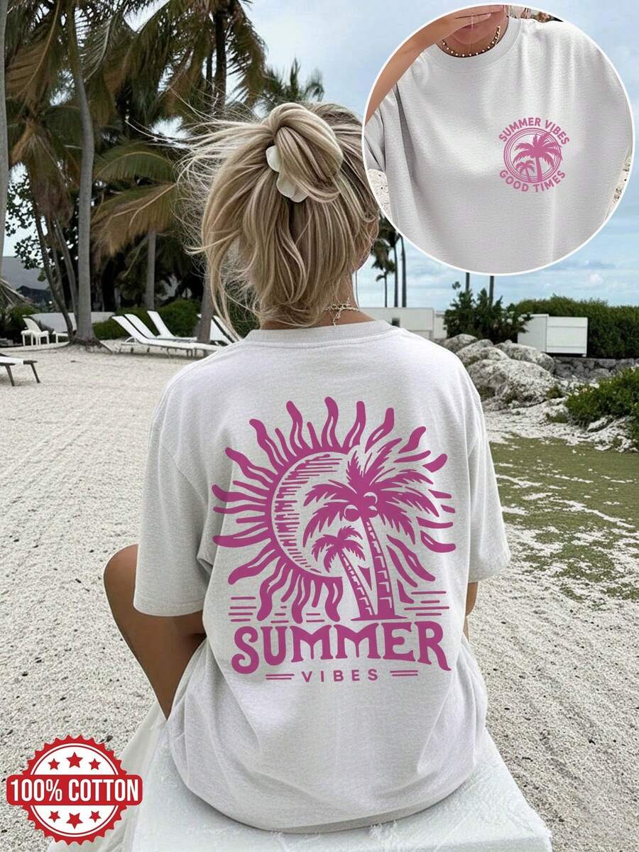 Sun And Palm Tree Print Vintage Style Casual Graphic Tee, Oversized Women's Crew Neck, Regular Fit Summer Top For Women - 灰色 - 查看 1