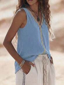 Zayélia Top de mujer de cuello en V, casual, cómodo, de vacaciones, de campo, relajado, de textura suave - Celeste - Ver 5