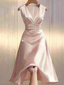 Vestido de fiesta elegante de unicolor con cuello en V y cintura fruncida para mujer - Champán - Ver 6
