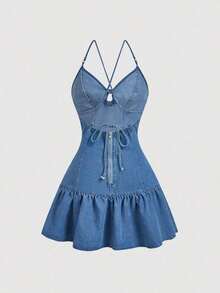 Vestido de mezclilla casual y de fiesta con pliegues y lazo para mujer - Azul - Ver 2