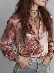 Blusa de satén con estampado de rosa naranja-turquesa clásico para mujer, diseño con cuello, elegante para el uso diario, salidas y talla grande - Rosa Pálido - Ver 4