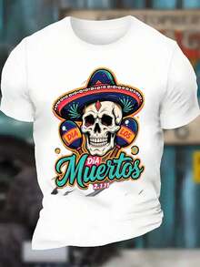 Men's Mexican Day Of The Dead T-Shirt - Soft And Breathable Cotton Crew Neck T-Shirt With Skull, Hat, And Maracas Design - Vibrant Day Of The Dead Graphic Tee For Halloween, Cinco De Mayo, Day Of The Dead Party Costume - Mexican Cultural Clothing Gift For Adults - Regular Fit Casual Short Sleeve With Festive Sugar Skull Design, Machine Washable, All-Season Comfort - 白色 - 查看 1