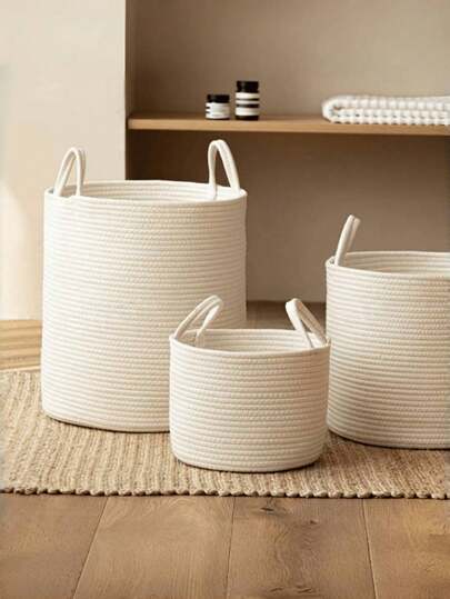 1Pc White Foldable Woven Laundry Basket With Handles, Round Multi-Functional Large-Capacity Storage Basket