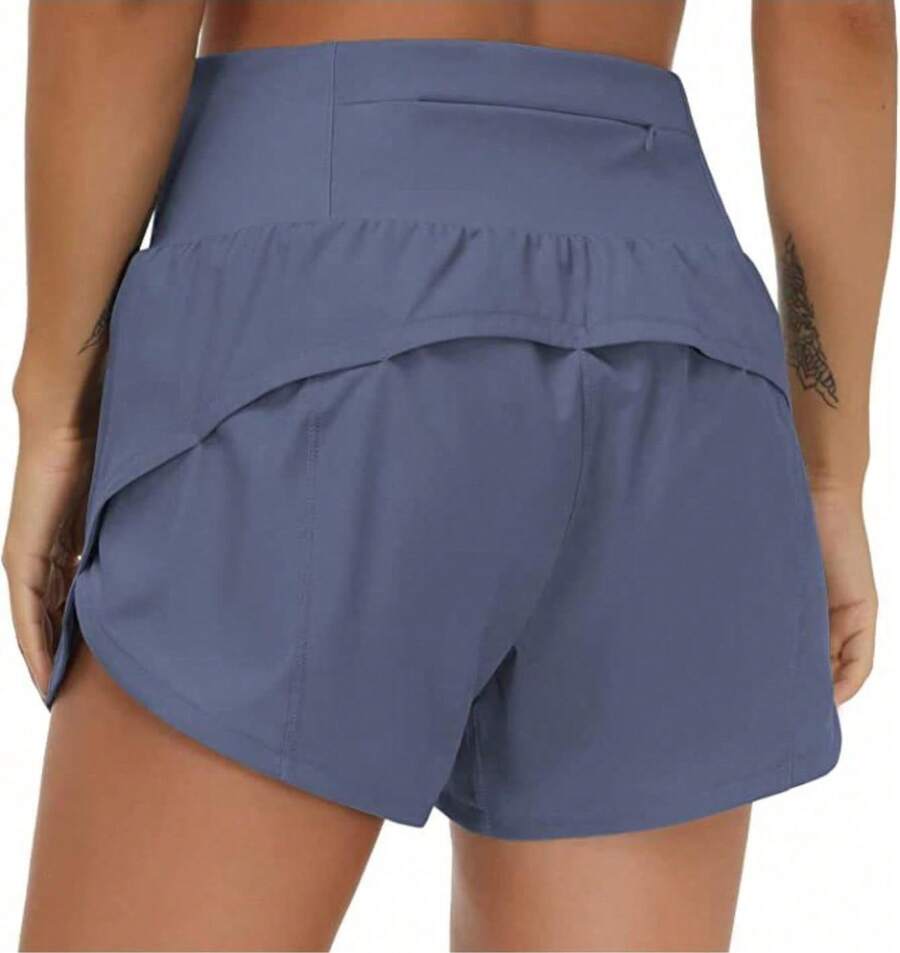 Womens High Waisted Running Shorts Quick Dry Athletic Workout Shorts With Mesh Liner Zipper Pockets - Blue-gray - View 1