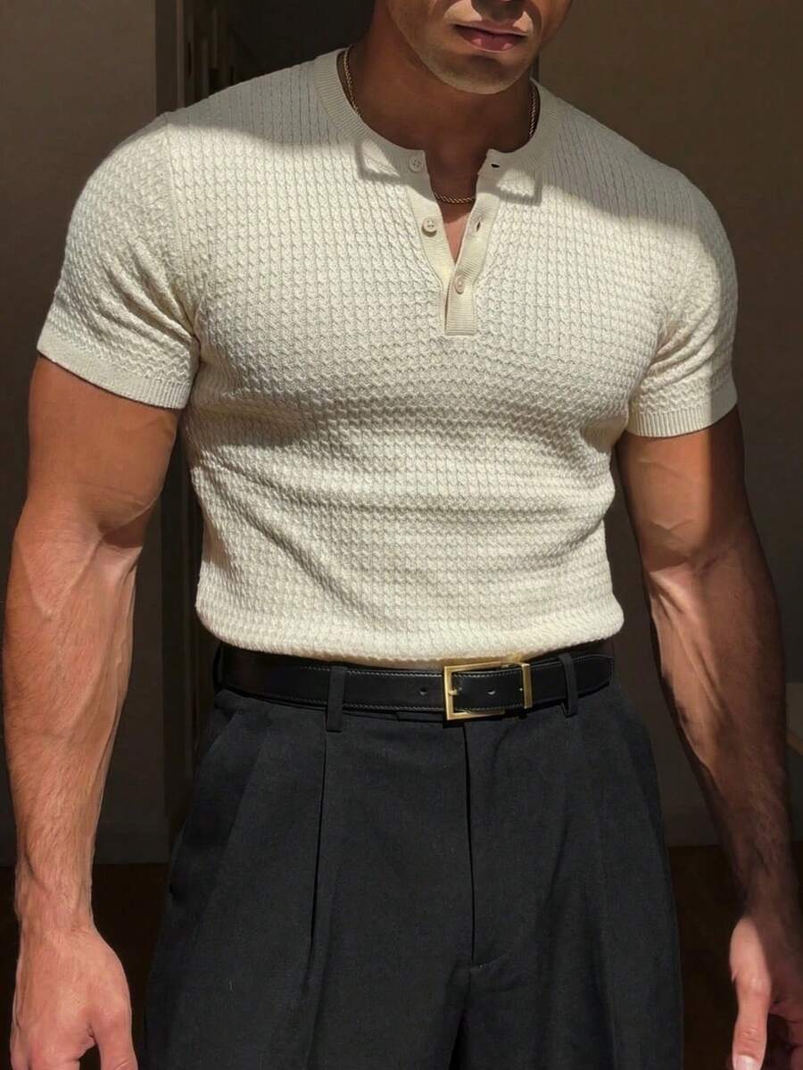 Vintage Style Men's Casual Solid Color Short Sleeve Knit Top - Apricot - View 1