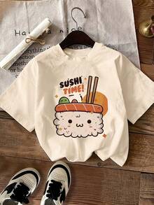 Women's Casual Summer T-Shirt, Women's Summer Clothes, Short Sleeve T-Shirt, Modern Y2k Style, Casual Sporty, With Cartoon Sushi Print SUSHI TIME, Round Neck T-Shirt With Creative And Fashionable Letter Print. - 白色 - 查看 7