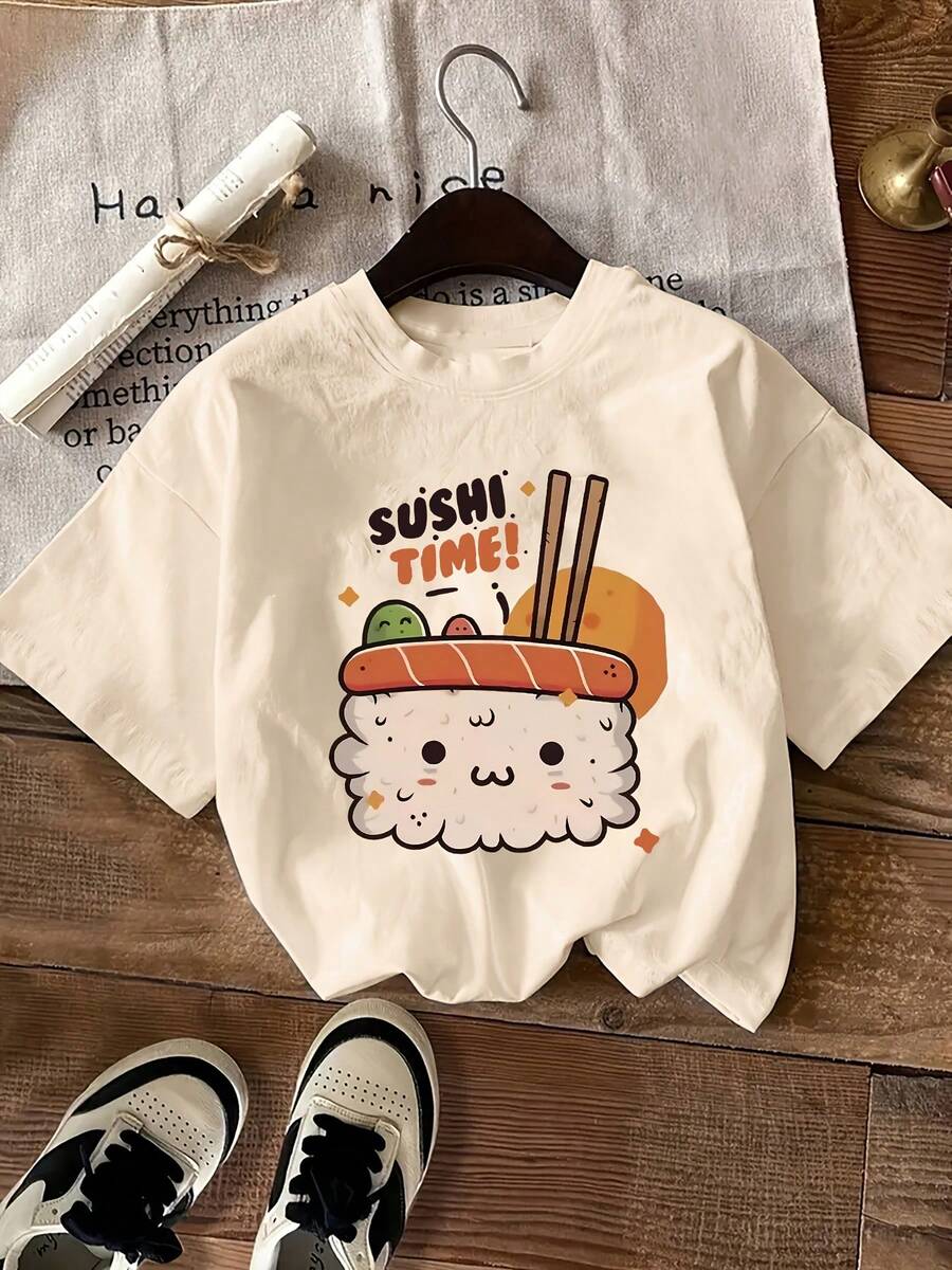 Women's Casual Summer T-Shirt, Women's Summer Clothes, Short Sleeve T-Shirt, Modern Y2k Style, Casual Sporty, With Cartoon Sushi Print SUSHI TIME, Round Neck T-Shirt With Creative And Fashionable Letter Print. - 杏色 - 查看 1