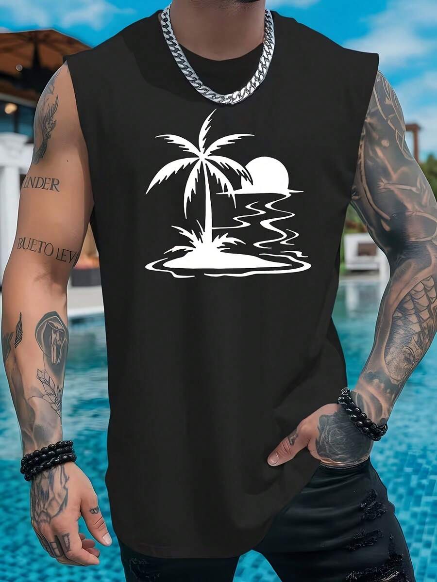 Men's Casual Sleeveless T-Shirt With Dragon And Samurai Print, Ideal For Fitness Training And Summer - 黑色 - 查看 1