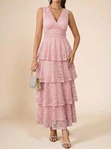 xheEllevyn Vestido de falda larga y elegante para mujer, vestido de diosa con cuello en V y cintura elástica, adecuado para banquetes y fiestas en otoño/invierno, color marrónxhe - Rosa - Ver 10