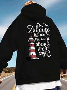 Compatible With Graphic Plus Size, Men's Back Print Hoodie, New Autumn-Winter Collection, Couple Hoodie, Versatile Loose Sweatshirt For Sports And Casual Wear - Casual Sweatshirt, Kangaroo Pocket, Stretch Fabric, Machine Washable - Perfect Choice For Spring And Autumn [Lingmoyun] - 黑色 - 查看 4