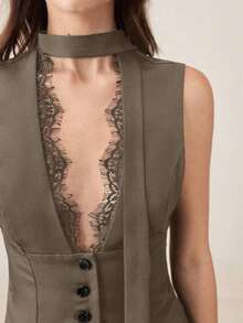 AYYBizChic Chaleco con cuello en V, recorte de encaje, parche delantero con botones y cintura con lazo, elegante para oficina y uso diario para mujeresAYY - Verde militar - Ver 3