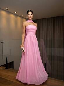 Elegant Long Pink Party Dress, A-Line Style, Sleeveless, With Off-The-Shoulder Design And Highly Stretchy Fabric. - Baby Pink - View 3