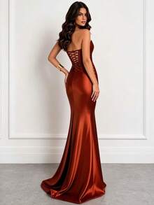 Satin Dress For Parties And Special Occasions, Strapless, Elegant - Terracotta - View 2