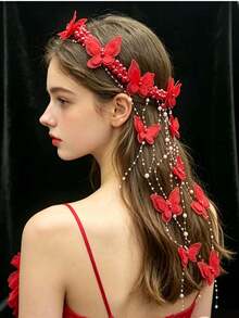 شريط رأس مزين بخرز اللؤلؤ والشرابات على شكل فراشة وردية، إكسسوار شعر أنيق للعروس وصبايا الزفاف وحفلات عيد الميلاد، تصميم أوروبي وأمريكي جديد من اللؤلؤ المصنوع يدويًا، إكسسوار شعر للزفاف من اللؤلؤ، إكسسوار شعر بطراز أوروبي، شريط شعر لفستان الزفاف - متعدد الألوان - مشاهدة 4
