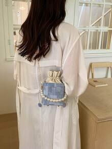 1pc Light Blue Denim Mini Bucket Bag, With Faux Pearl Handle & Gold-Tone Chain Strap, Drawstring Closure, Romantic Style, Small Crossbody Purse For Women - Blue - View 2