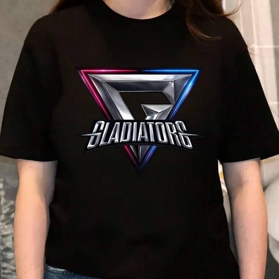Gladiators Logo T-Shirt Neon Triangle Graphic Tee Futuristic Metallic Top - Black - View 1