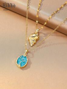 Hihho 2pcs/Set Lovely Seashell & Mermaid Tail Necklace, Vacation Vibe Accessory, Suitable For Commute, Vacation, Summer Outing - Clavicle Chain - View 3
