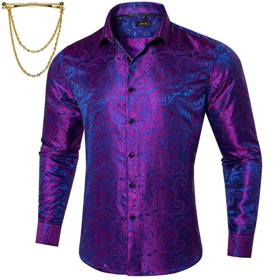 Rich Purple And Blue Paisley Print Men's Shirt, Enhanced With A Statement Gold Collar Accessory, Suited For Gala Nights, Proms And Formal Celebrations - 紫藍色 - 查看 1