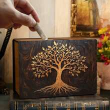 1pc Decorative Handmade Wooden Piggy Bank, Reusable Vintage Wooden Coin Box, 2D Rectangular Coin Box With Golden Tree Pattern, For Home Office Decor - Multicolor - View 7