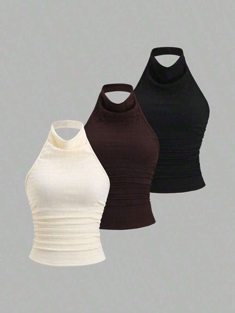 Nuevo conjunto de 3 piezas europeo y americano con diseño texturizado, escote pronunciado y espalda descubierta, ajustado y estilizado, para uso casual diario, citas, trayectos, versátil para mujeres - Multicolor 3 - Ver 1